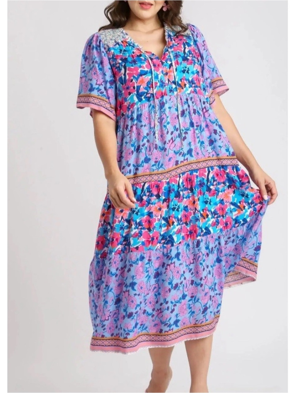 Umgee Lavender Floral Boho Flowy Tiered Midi Dress Size Medium